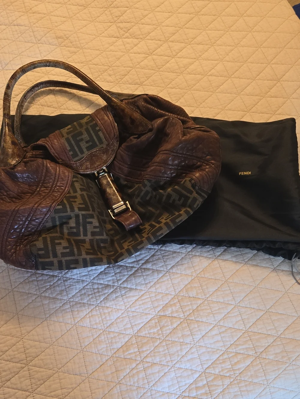 Authentic Fendi Brown Leather & Zucca Canvas Shoulder Hobo